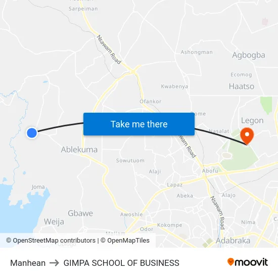Manhean to GIMPA SCHOOL OF BUSINESS map