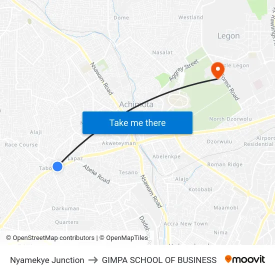 Nyamekye Junction to GIMPA SCHOOL OF BUSINESS map