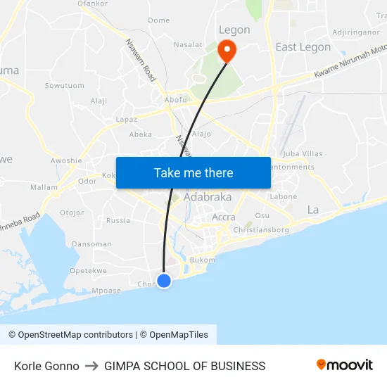 Korle Gonno to GIMPA SCHOOL OF BUSINESS map
