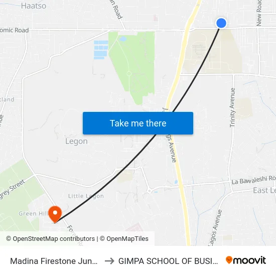 Madina Firestone Junction to GIMPA SCHOOL OF BUSINESS map
