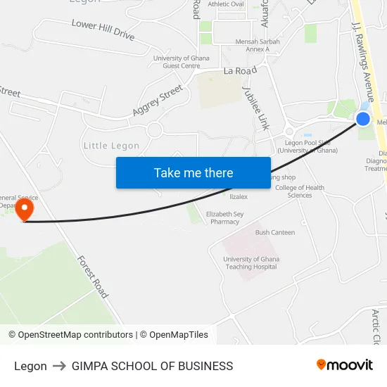 Legon to GIMPA SCHOOL OF BUSINESS map