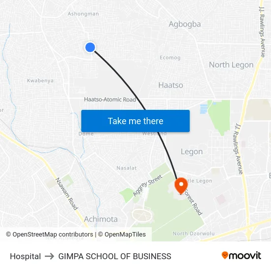 Hospital to GIMPA SCHOOL OF BUSINESS map