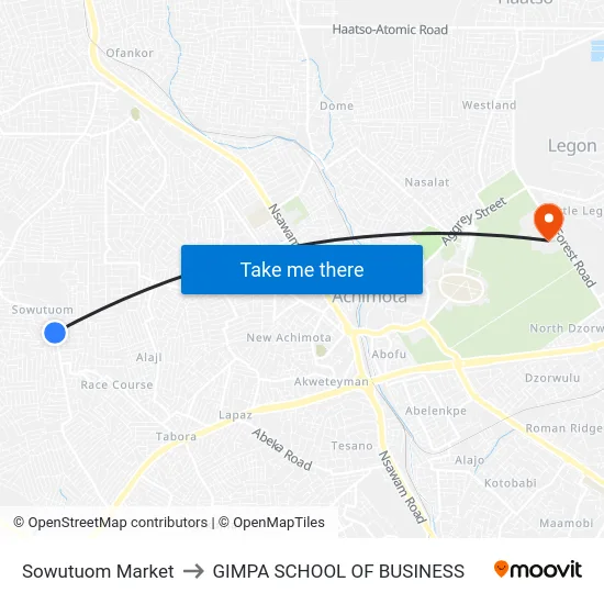 Sowutuom Market to GIMPA SCHOOL OF BUSINESS map