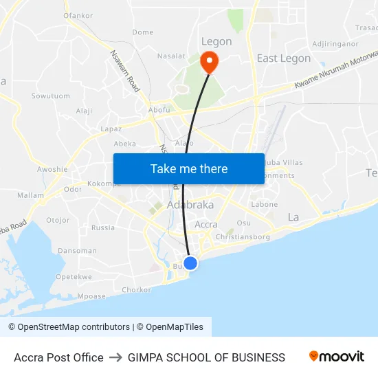 Accra Post Office to GIMPA SCHOOL OF BUSINESS map