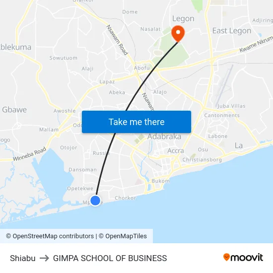 Shiabu to GIMPA SCHOOL OF BUSINESS map