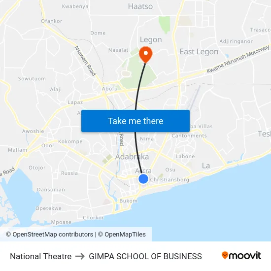 National Theatre to GIMPA SCHOOL OF BUSINESS map
