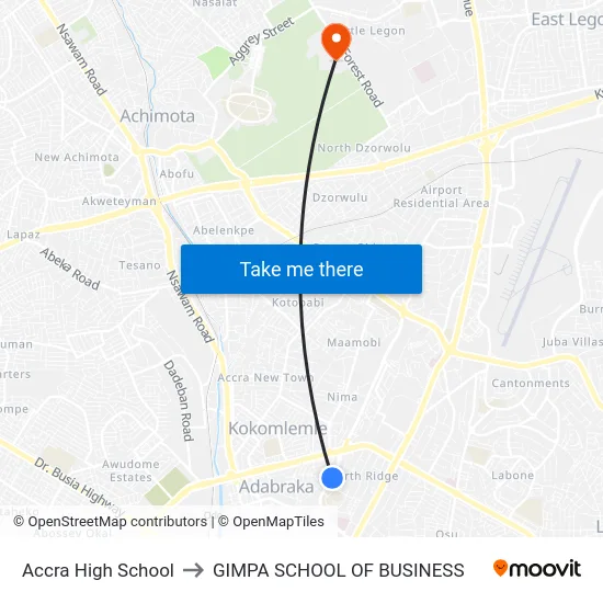 Accra High School to GIMPA SCHOOL OF BUSINESS map