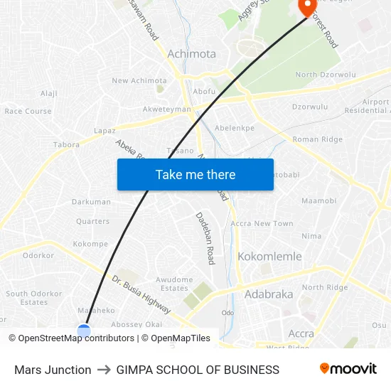 Mars Junction to GIMPA SCHOOL OF BUSINESS map