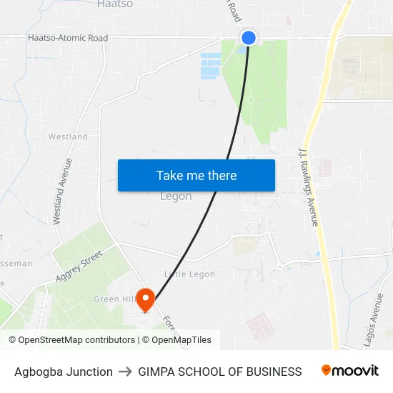 Agbogba Junction to GIMPA SCHOOL OF BUSINESS map