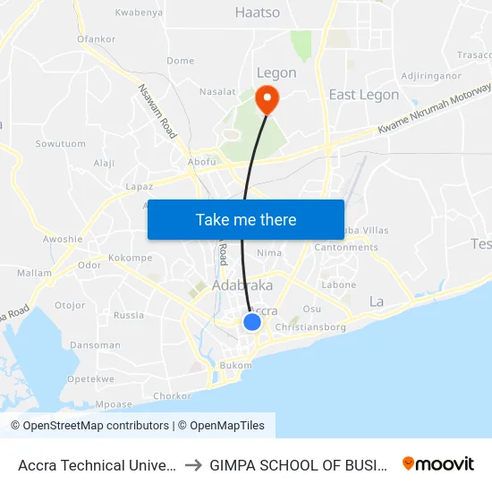 Accra Technical University to GIMPA SCHOOL OF BUSINESS map