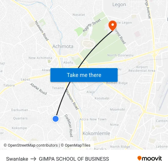 Swanlake to GIMPA SCHOOL OF BUSINESS map