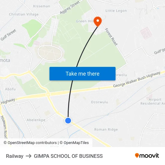 Railway to GIMPA SCHOOL OF BUSINESS map