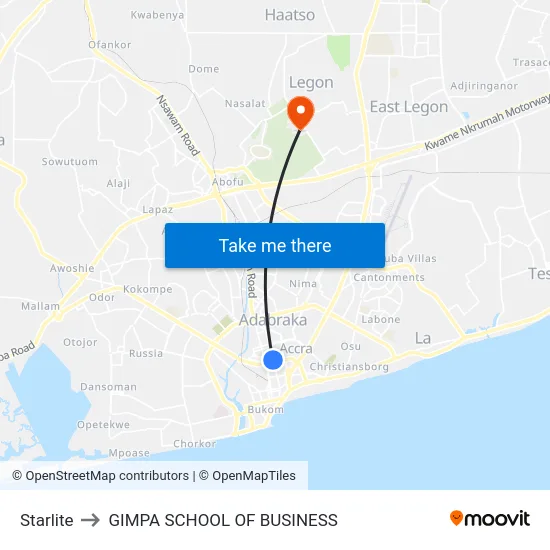Starlite to GIMPA SCHOOL OF BUSINESS map