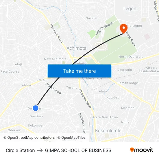 Circle Station to GIMPA SCHOOL OF BUSINESS map