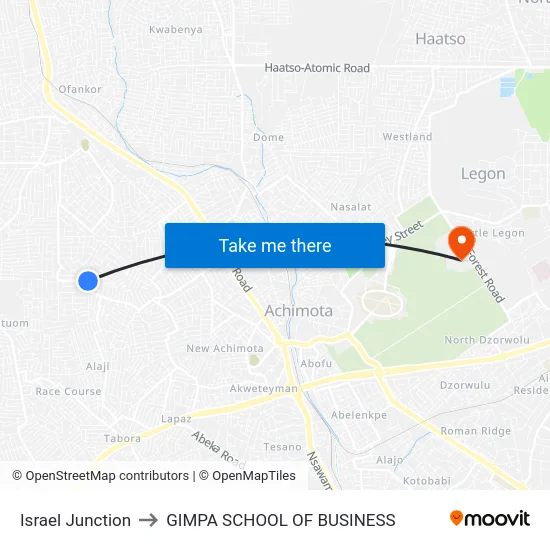 Israel Junction to GIMPA SCHOOL OF BUSINESS map