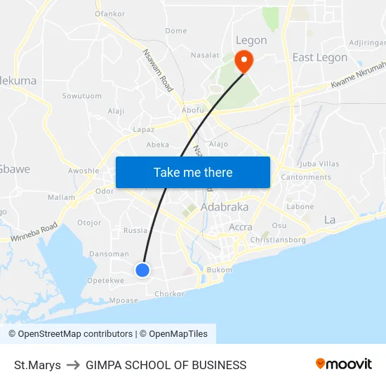 St.Marys to GIMPA SCHOOL OF BUSINESS map