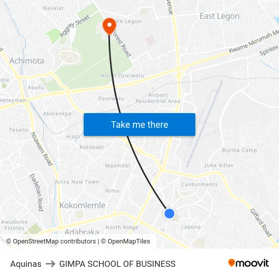 Aquinas to GIMPA SCHOOL OF BUSINESS map