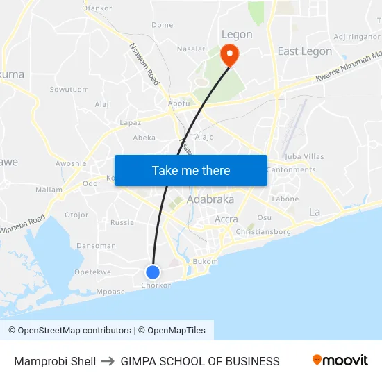 Mamprobi Shell to GIMPA SCHOOL OF BUSINESS map