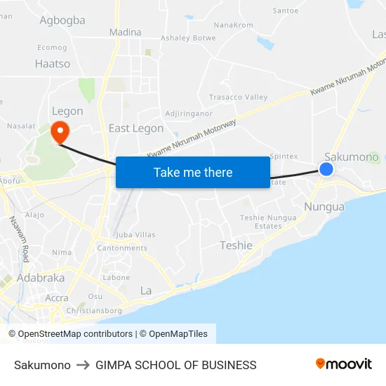 Sakumono to GIMPA SCHOOL OF BUSINESS map
