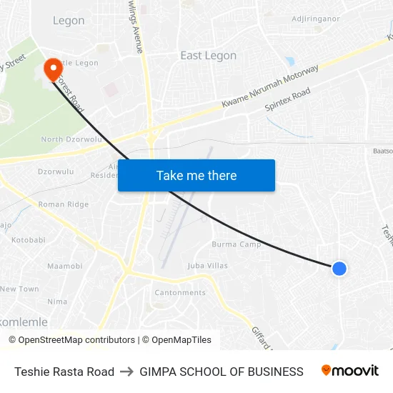 Teshie Rasta Road to GIMPA SCHOOL OF BUSINESS map