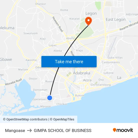 Mangoase to GIMPA SCHOOL OF BUSINESS map