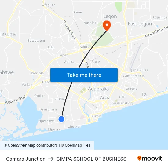 Camara Junction to GIMPA SCHOOL OF BUSINESS map