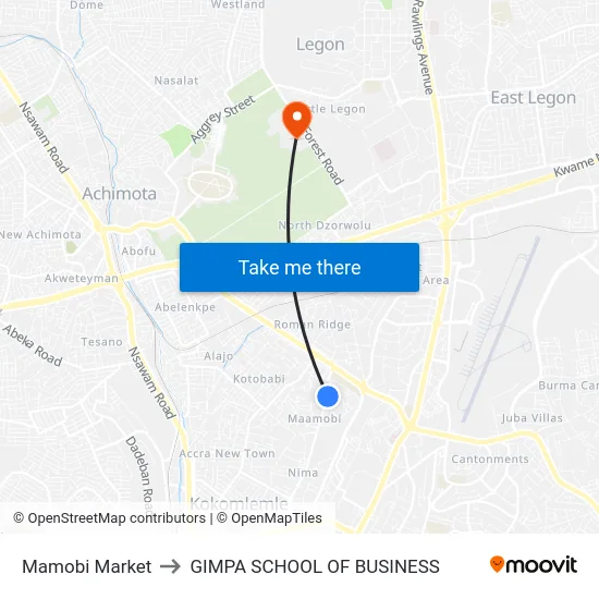 Mamobi Market to GIMPA SCHOOL OF BUSINESS map