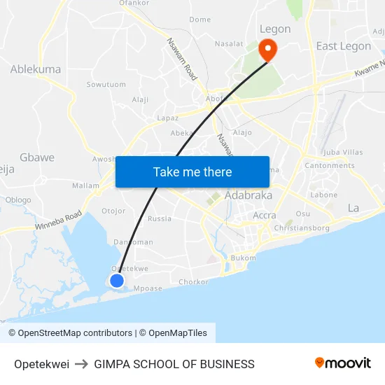 Opetekwei to GIMPA SCHOOL OF BUSINESS map