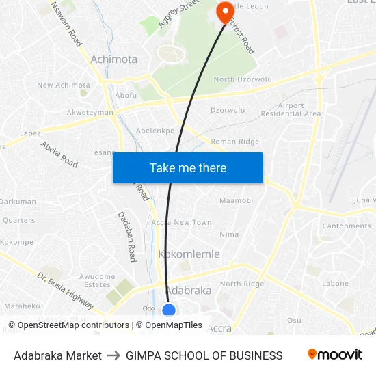 Adabraka Market to GIMPA SCHOOL OF BUSINESS map