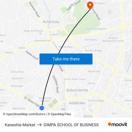 Kaneshie Market to GIMPA SCHOOL OF BUSINESS map