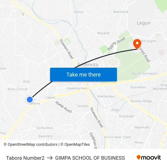 Tabora Number2 to GIMPA SCHOOL OF BUSINESS map