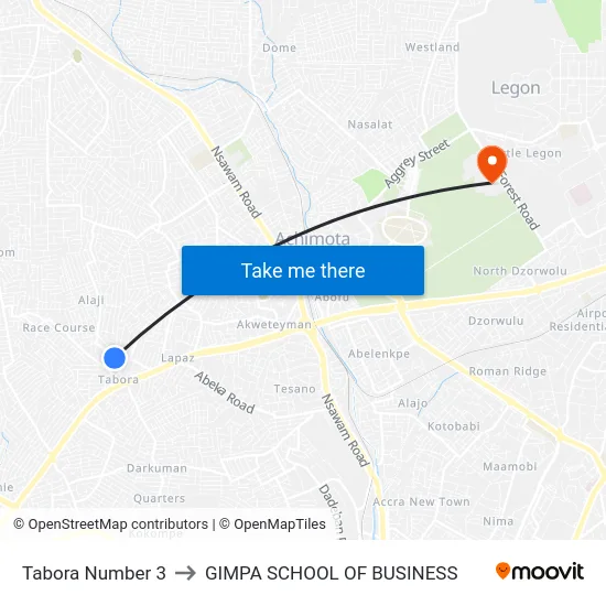 Tabora Number 3 to GIMPA SCHOOL OF BUSINESS map
