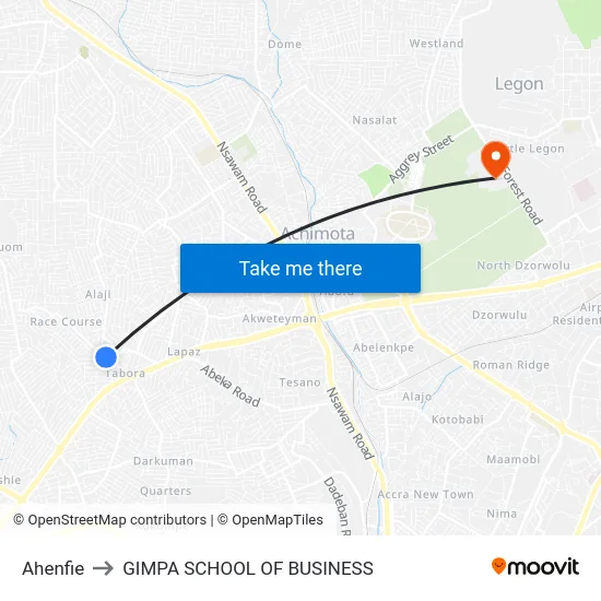 Ahenfie to GIMPA SCHOOL OF BUSINESS map