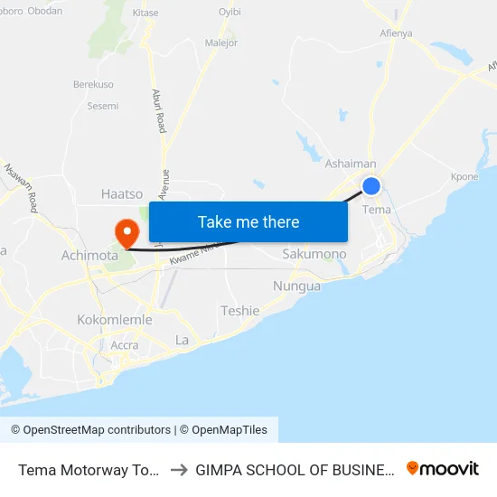 Tema Motorway Total to GIMPA SCHOOL OF BUSINESS map