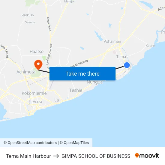 Tema Main Harbour to GIMPA SCHOOL OF BUSINESS map