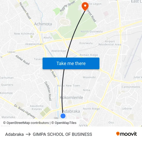 Adabraka to GIMPA SCHOOL OF BUSINESS map