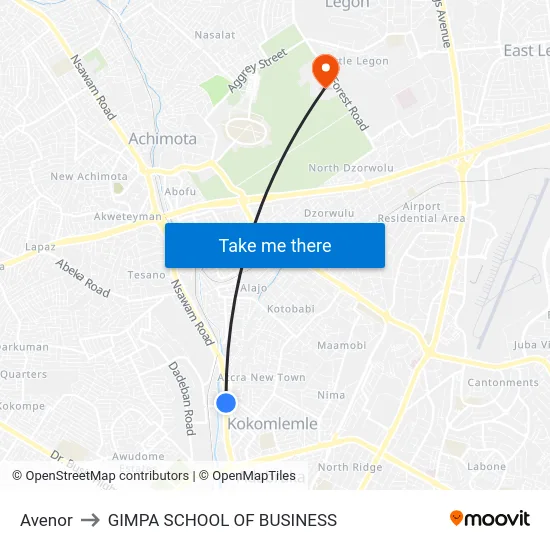 Avenor to GIMPA SCHOOL OF BUSINESS map