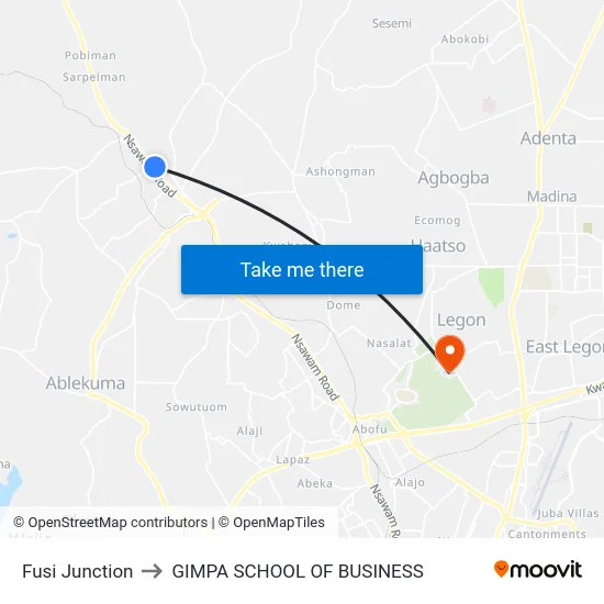 Fusi Junction to GIMPA SCHOOL OF BUSINESS map