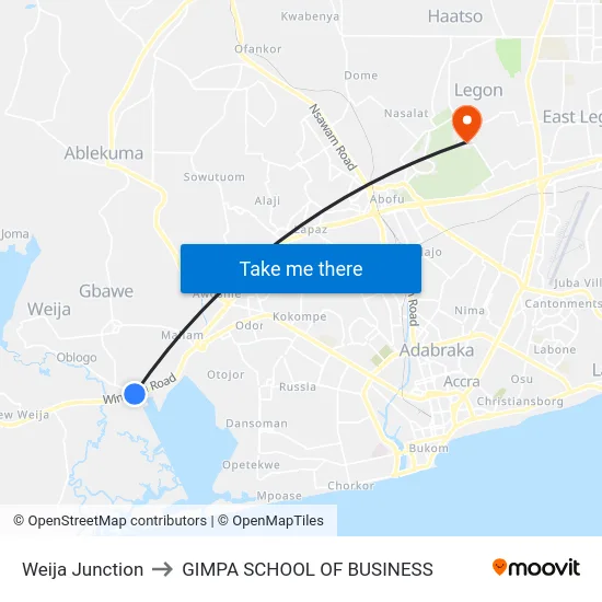 Weija Junction to GIMPA SCHOOL OF BUSINESS map