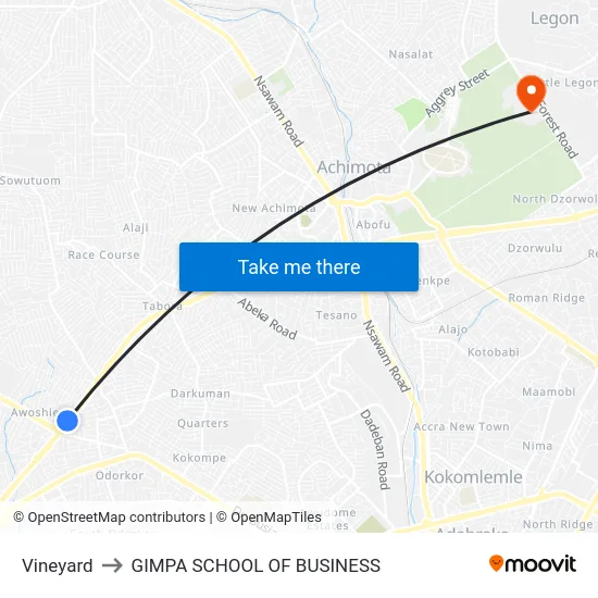 Vineyard to GIMPA SCHOOL OF BUSINESS map
