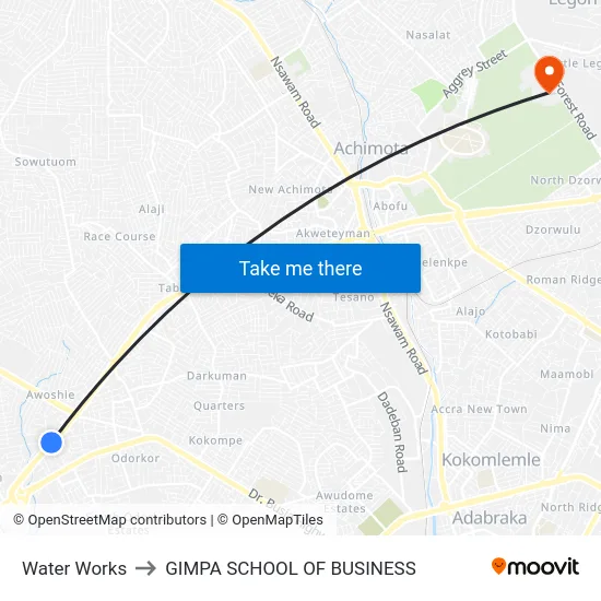 Water Works to GIMPA SCHOOL OF BUSINESS map