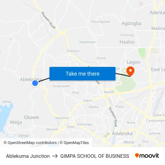 Ablekuma Junction to GIMPA SCHOOL OF BUSINESS map