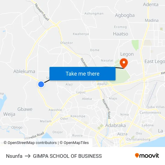 Nsunfa to GIMPA SCHOOL OF BUSINESS map