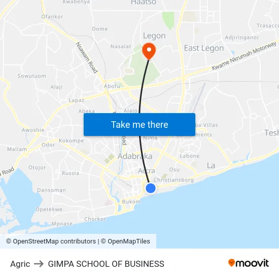 Agric to GIMPA SCHOOL OF BUSINESS map