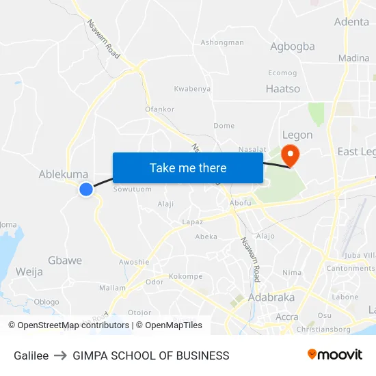Galilee to GIMPA SCHOOL OF BUSINESS map