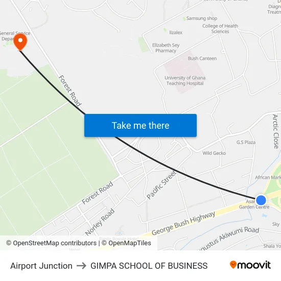Airport Junction to GIMPA SCHOOL OF BUSINESS map