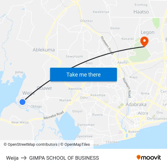 Weija to GIMPA SCHOOL OF BUSINESS map