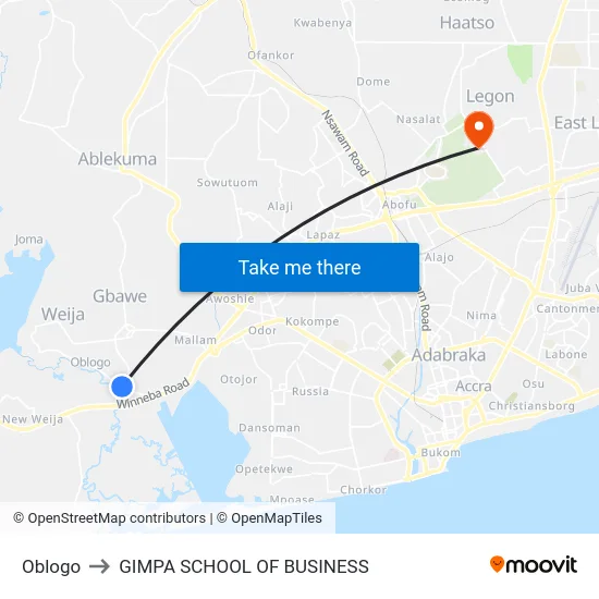 Oblogo to GIMPA SCHOOL OF BUSINESS map