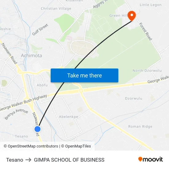 Tesano to GIMPA SCHOOL OF BUSINESS map