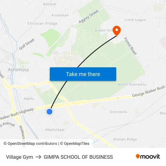 Village Gym to GIMPA SCHOOL OF BUSINESS map